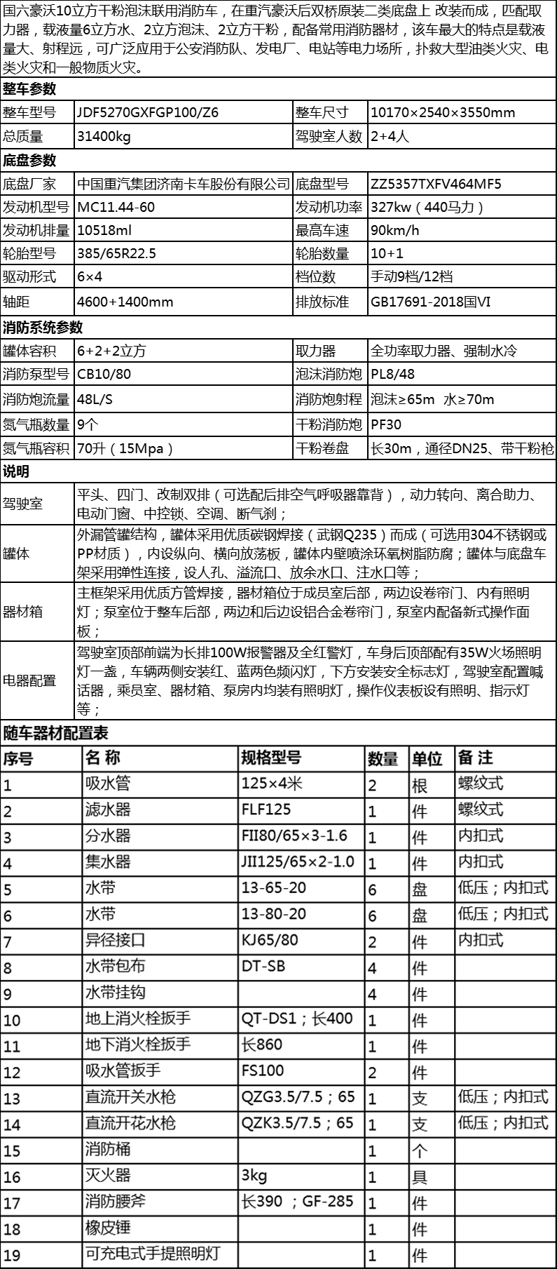 国六豪沃后双桥干粉泡沫联用消防车